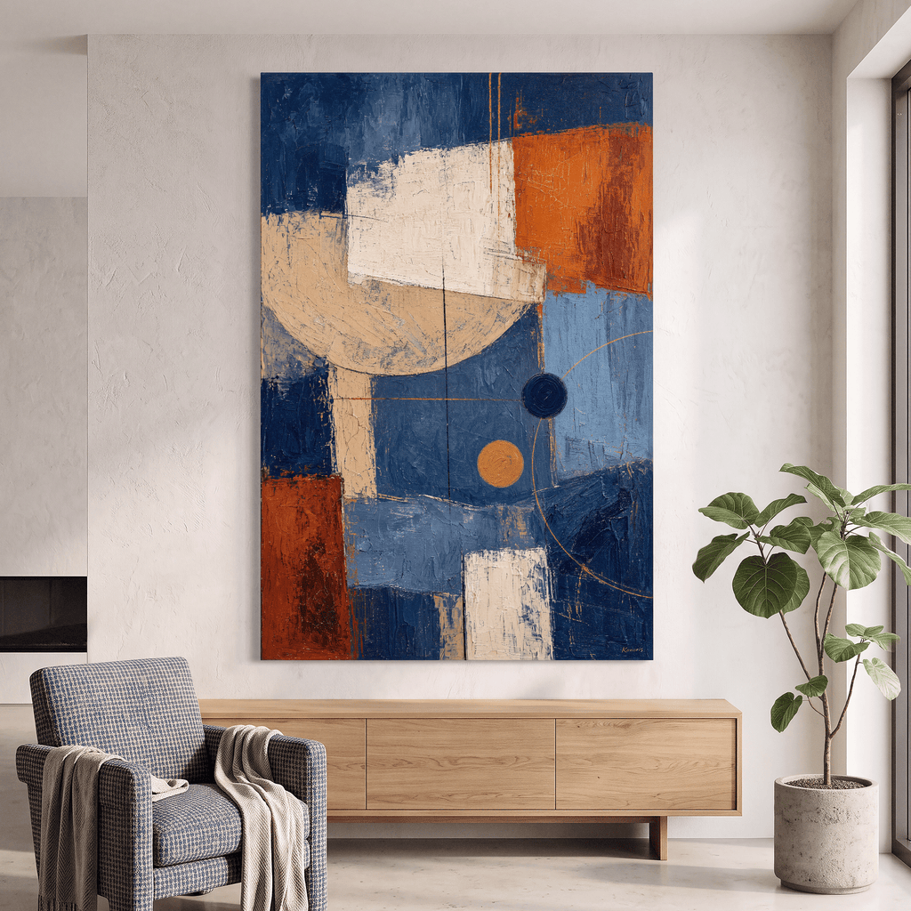 Abstract Canvas Wall Art, Blue Orange Geometric Oil Painting - Canvas Wall Art - Art-Port