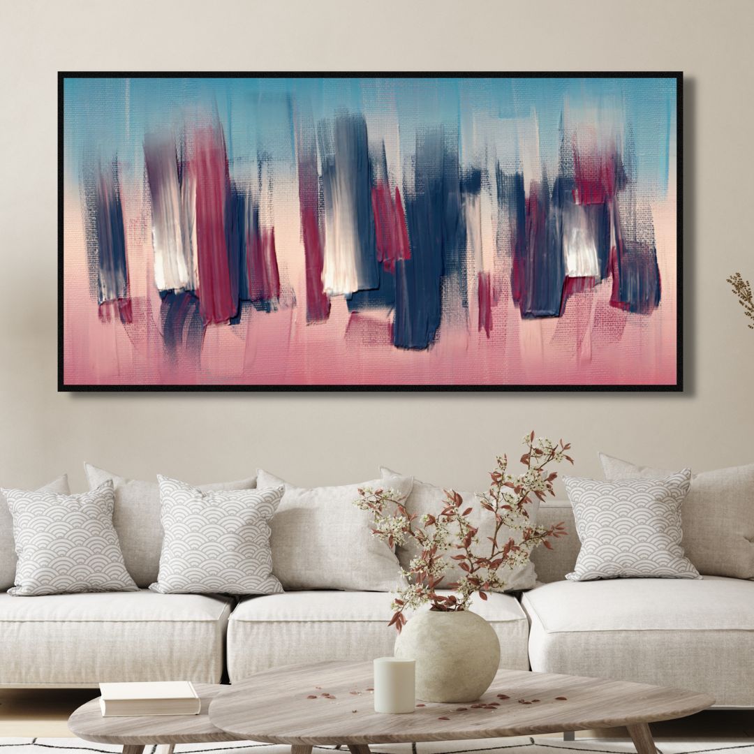 Burgundy and Denim Paint Strokes Abstract Canvas Art