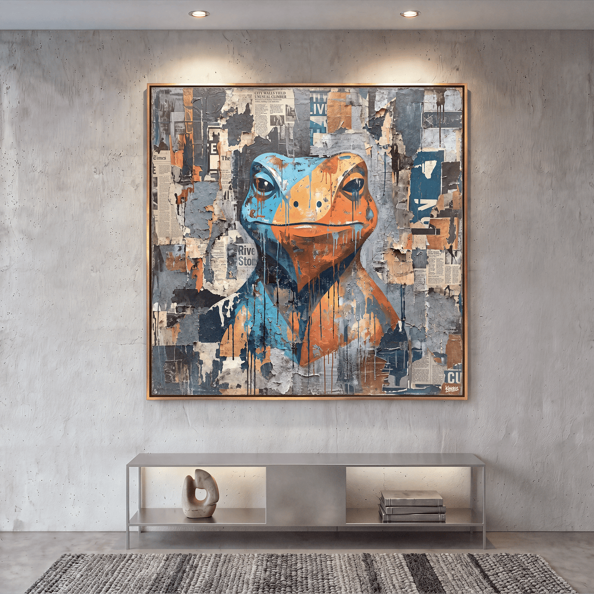 Collage Frog Canvas Wall Art, Blue, Orange, Newspaper Texture, Street Art - Art-Port