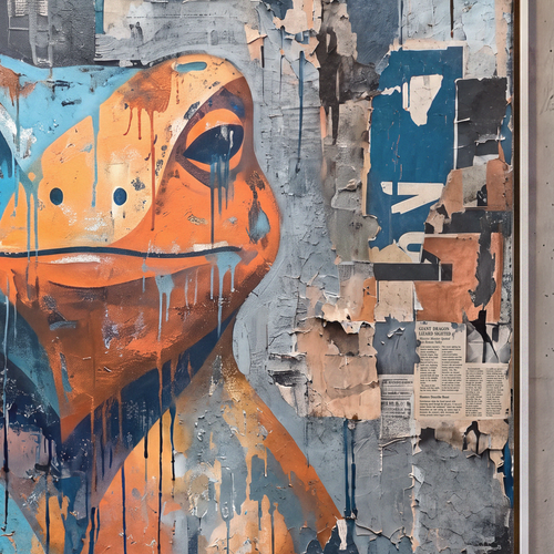 Collage Frog Canvas Wall Art, Blue, Orange, Newspaper Texture, Street Art - Art-Port Art