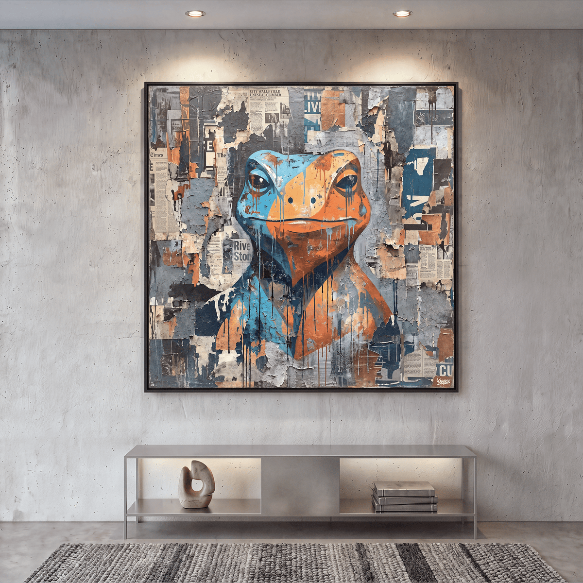 Collage Frog Canvas Wall Art, Blue, Orange, Newspaper Texture, Street Art - Art-Port