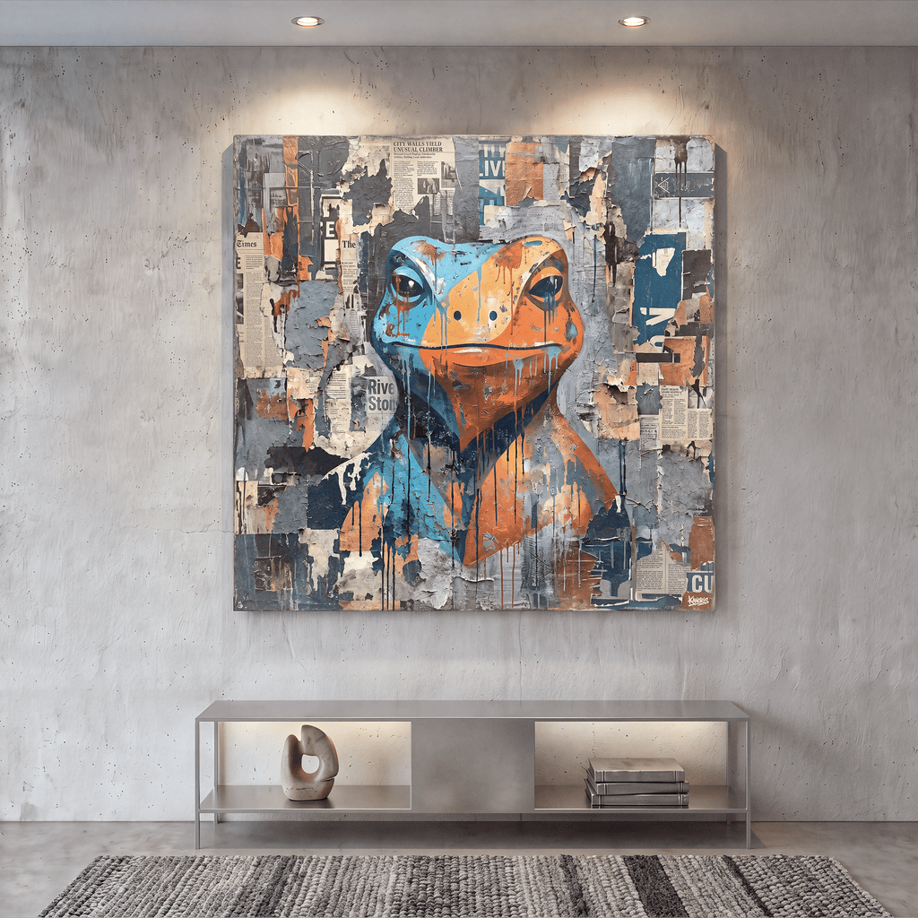 Collage Frog Canvas Wall Art, Blue, Orange, Newspaper Texture, Street Art - Art-Port
