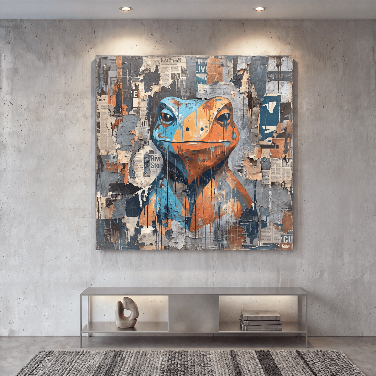 Collage Frog Canvas Wall Art, Blue, Orange, Newspaper Texture, Street Art - Art-Port