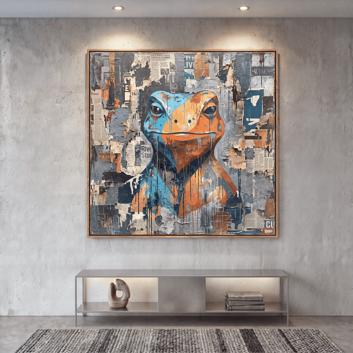Collage Frog Canvas Wall Art, Blue, Orange, Newspaper Texture, Street Art - Art-Port