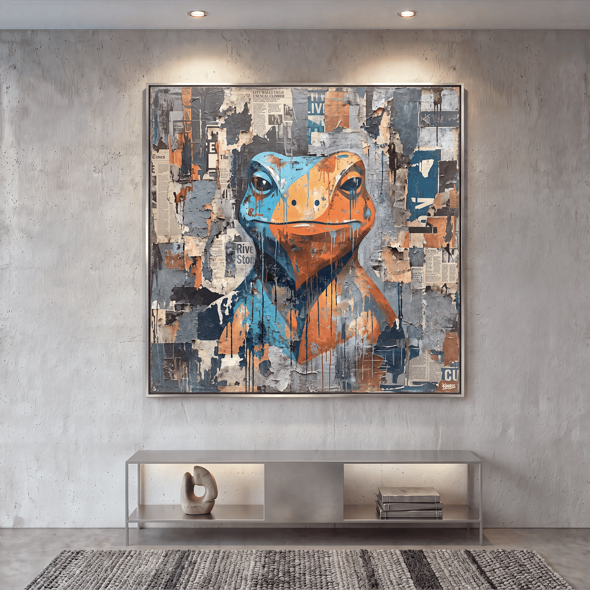 Collage Frog Canvas Wall Art, Blue, Orange, Newspaper Texture, Street Art - Art-Port