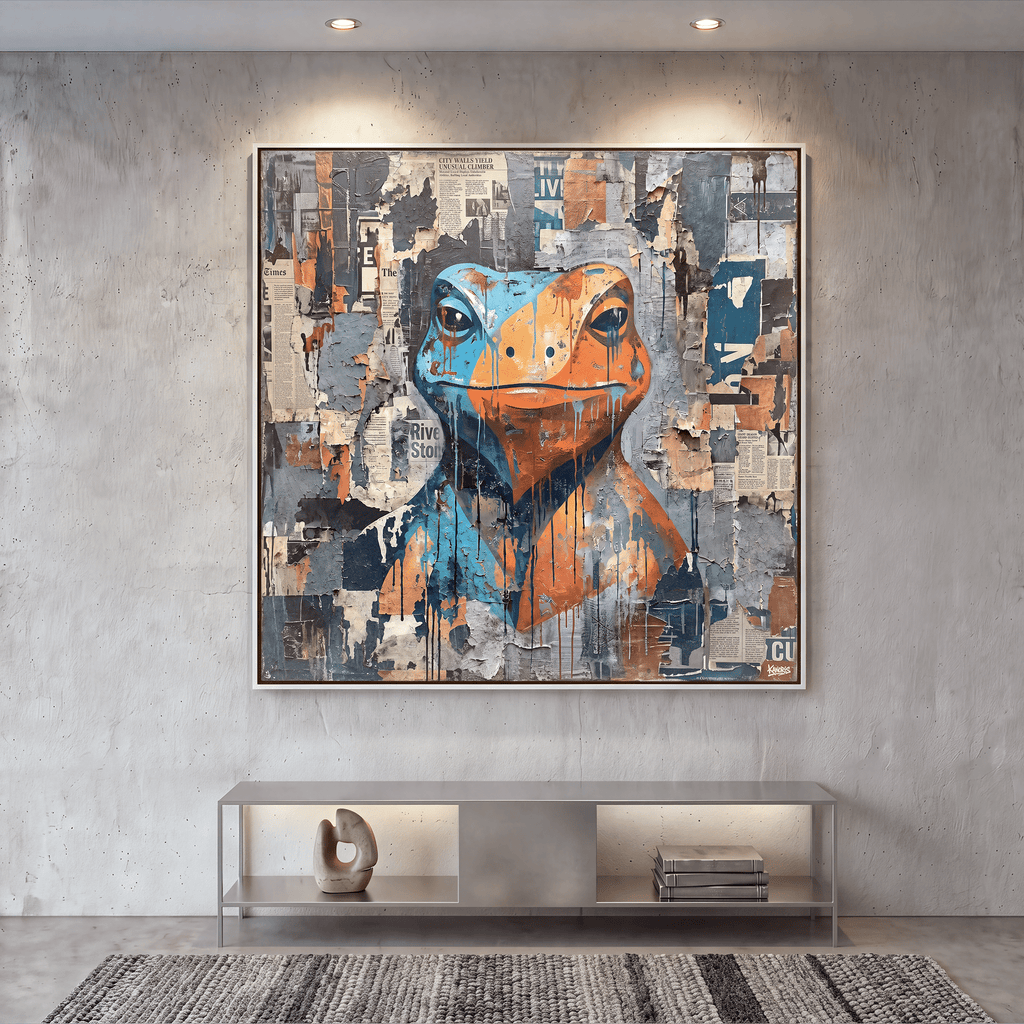 Collage Frog Canvas Wall Art, Blue, Orange, Newspaper Texture, Street Art - Art-Port
