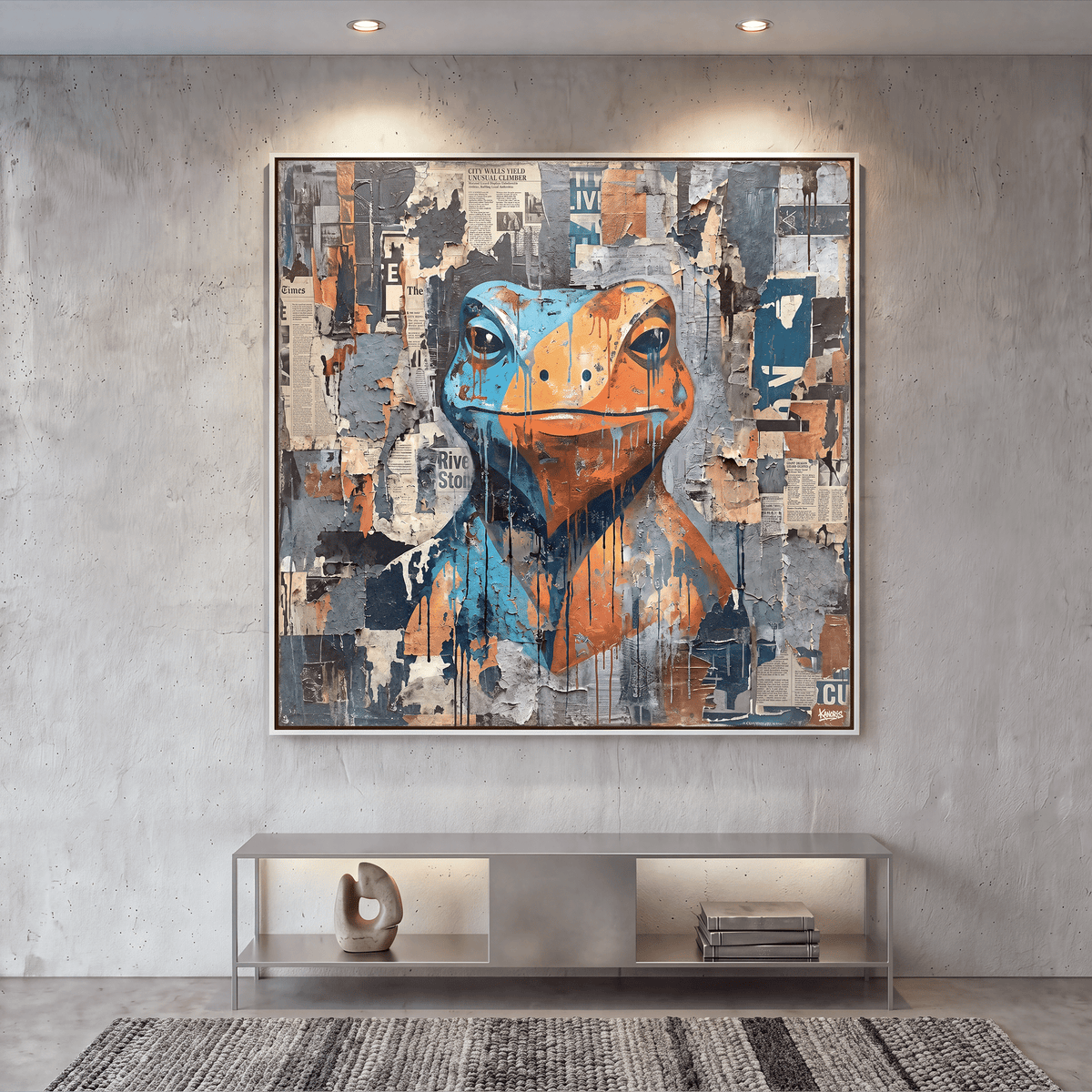 Collage Frog Canvas Wall Art, Blue, Orange, Newspaper Texture, Street Art - Art-Port