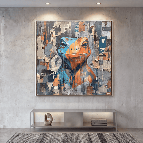 Collage Frog Canvas Wall Art, Blue, Orange, Newspaper Texture, Street Art - Art-Port