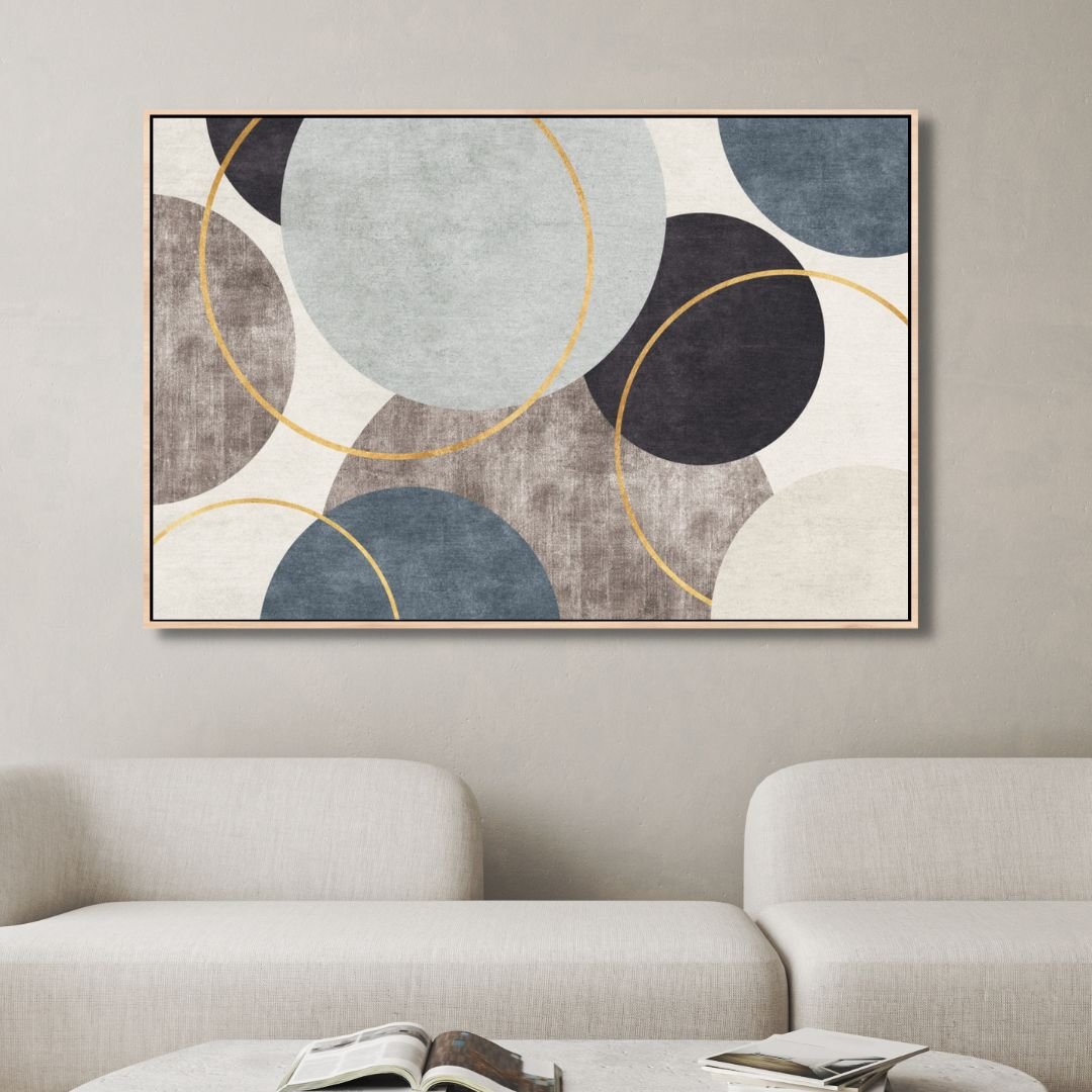 Contemporary Blue, Beige and Gold Circles Canvas Art - Designity Art