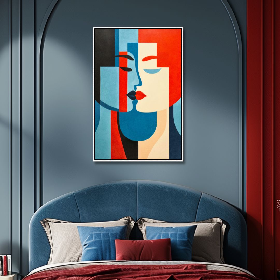 Cubism Style Couple Kiss Canvas Wall Art - Designity Art