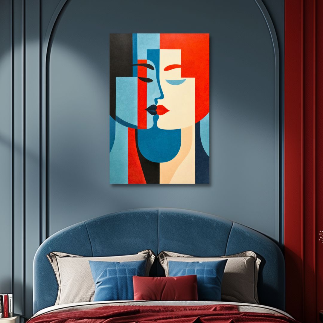 Cubism Style Couple Kiss Canvas Wall Art - Designity Art