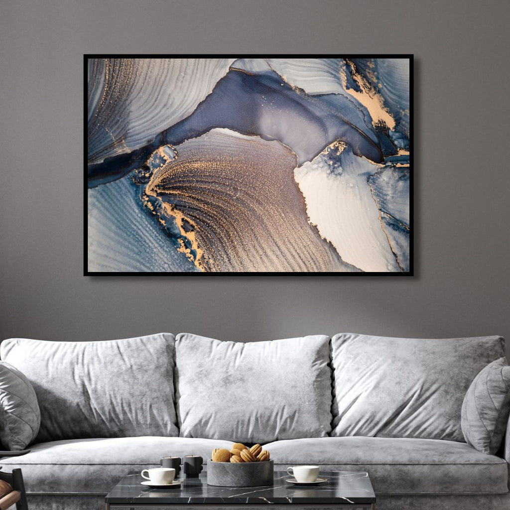 Fluid Blue and Gold Ink Abstract Canvas Art - Designity Art
