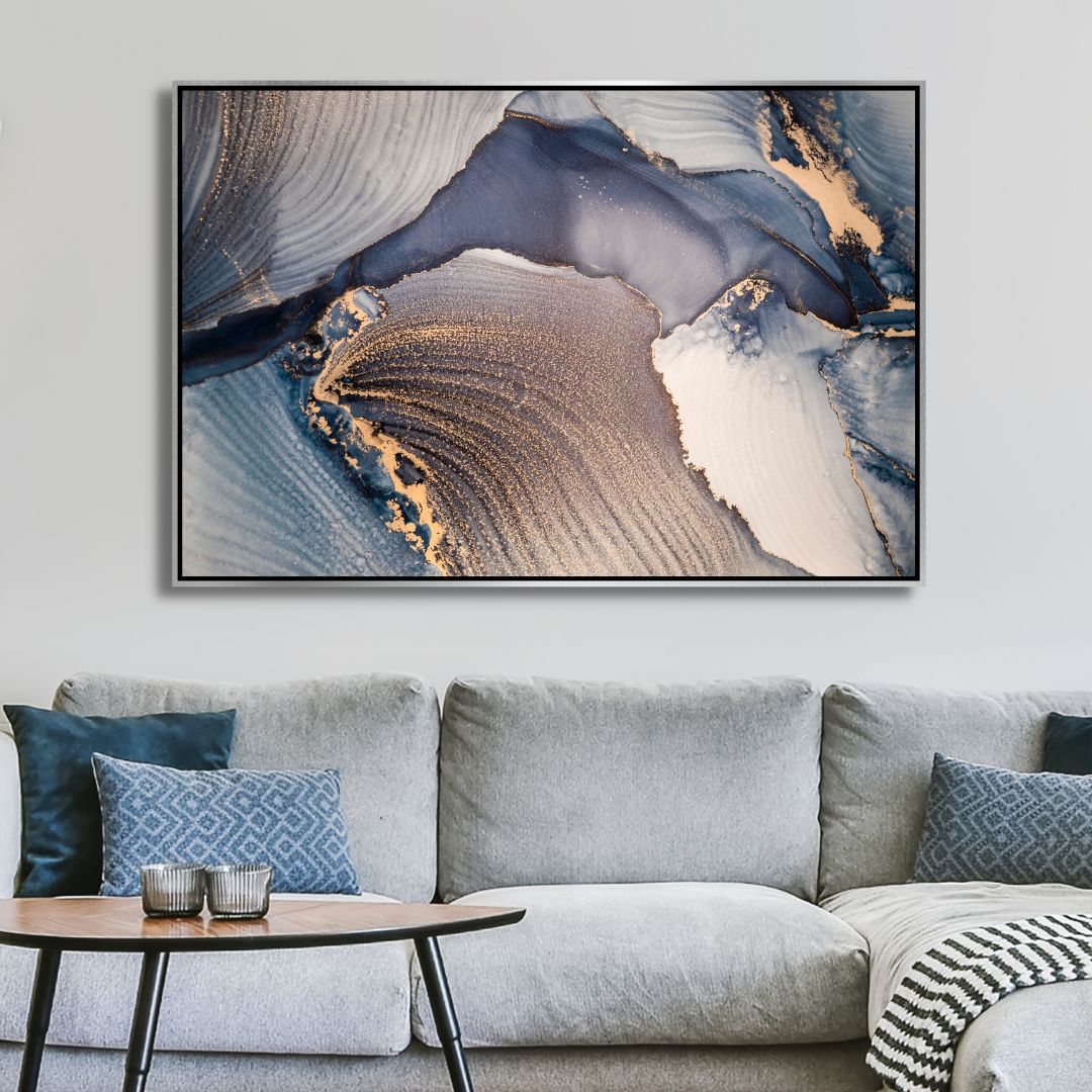 Fluid Blue and Gold Ink Abstract Canvas Art - Designity Art