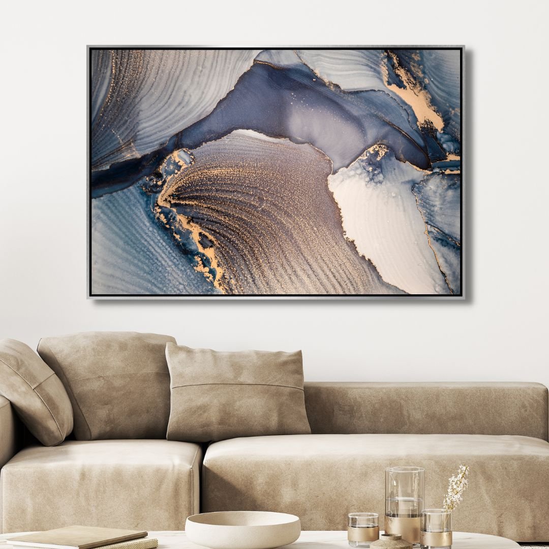 Fluid Blue and Gold Ink Abstract Canvas Art - Designity Art