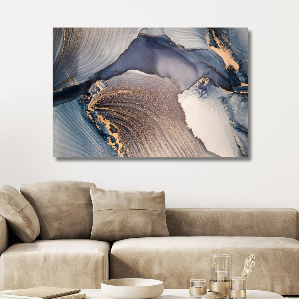 Fluid Blue and Gold Ink Abstract Canvas Art - Designity Art