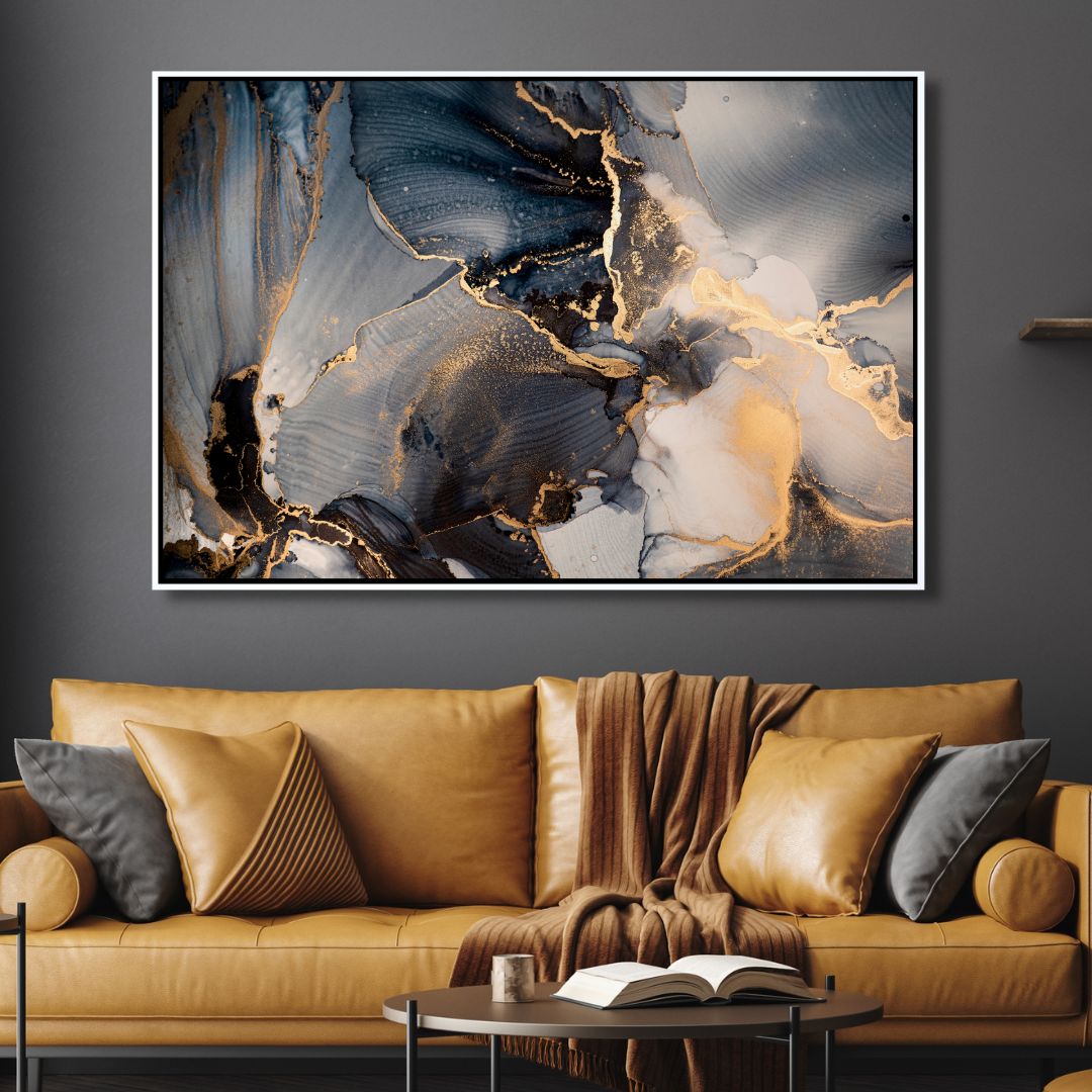 Fluid Gray Blue and Gold Ink Abstract Art - Designity Art