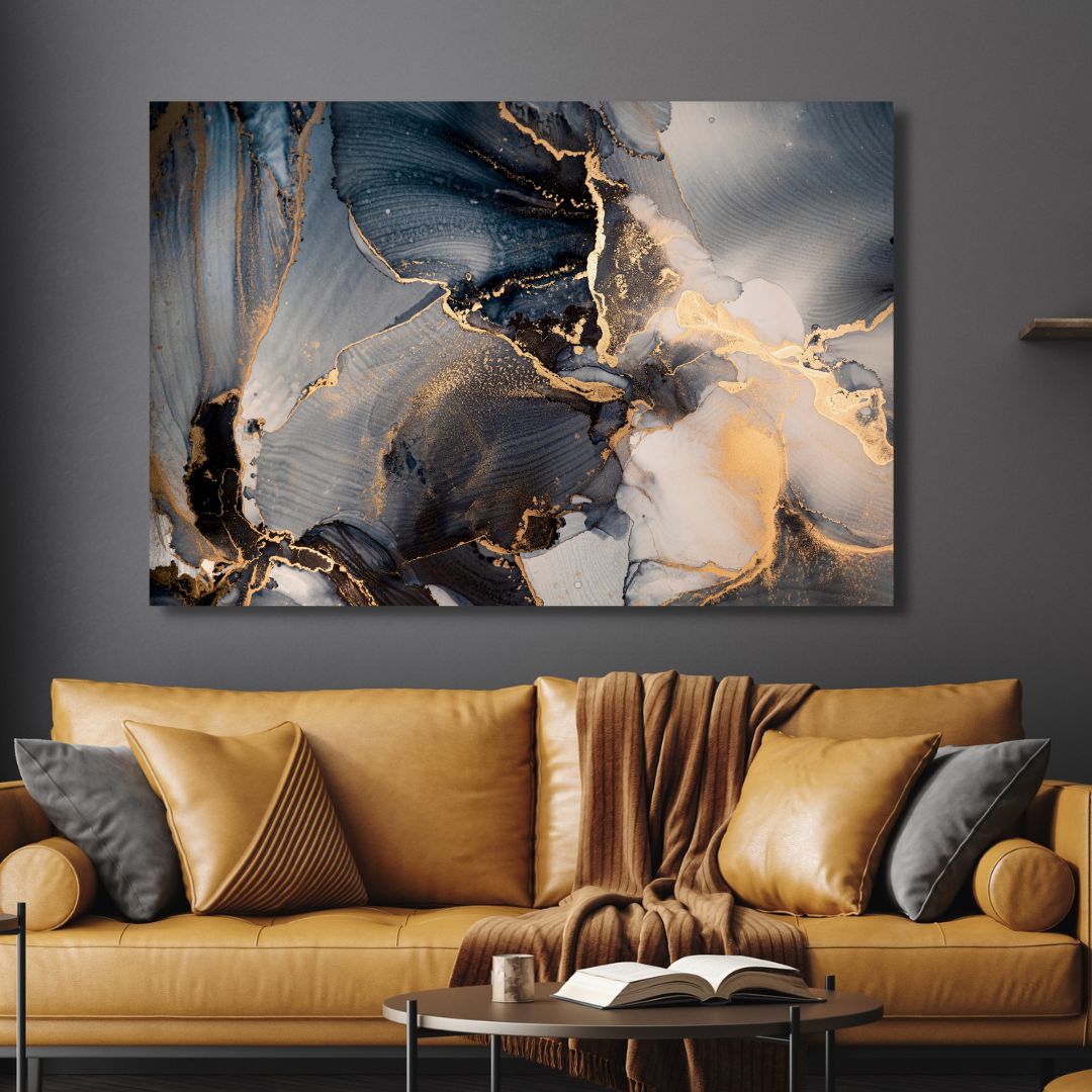 Fluid Gray Blue and Gold Ink Abstract Art - Designity Art