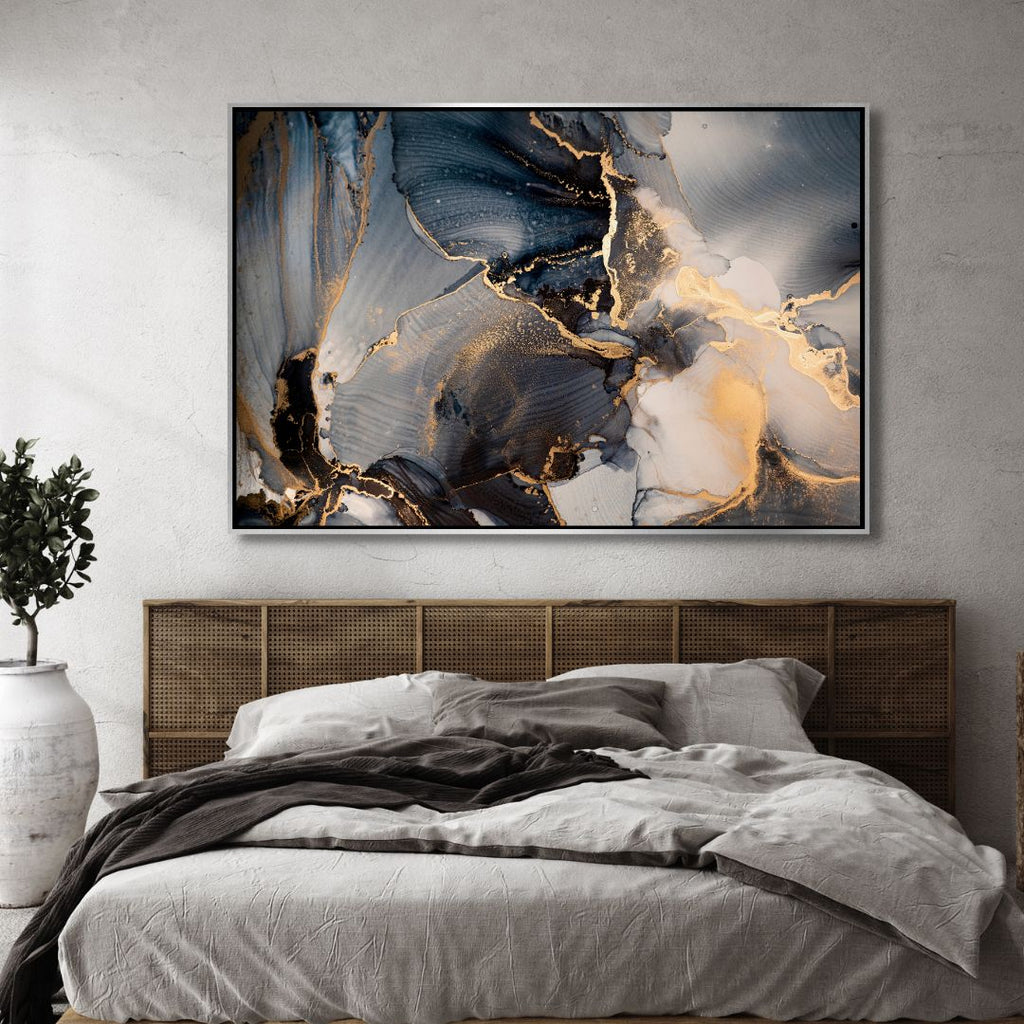 Fluid Gray Blue and Gold Ink Abstract Art - Designity Art
