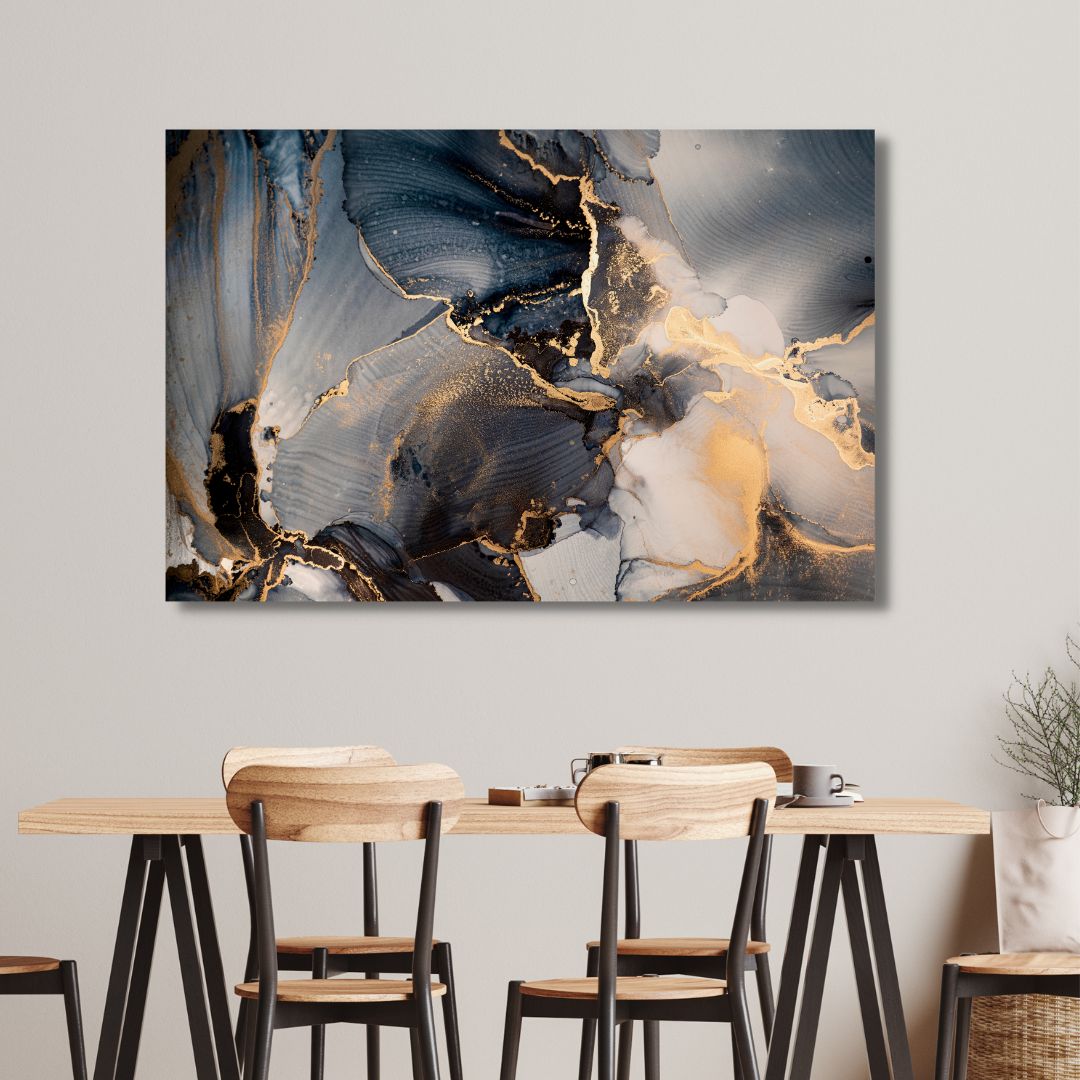 Fluid Gray Blue and Gold Ink Abstract Art - Designity Art