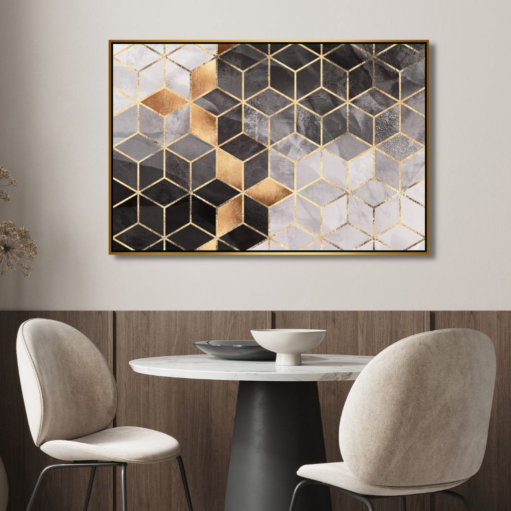 Geometric Gray & Gold Cubes Abstract Art - Designity Art