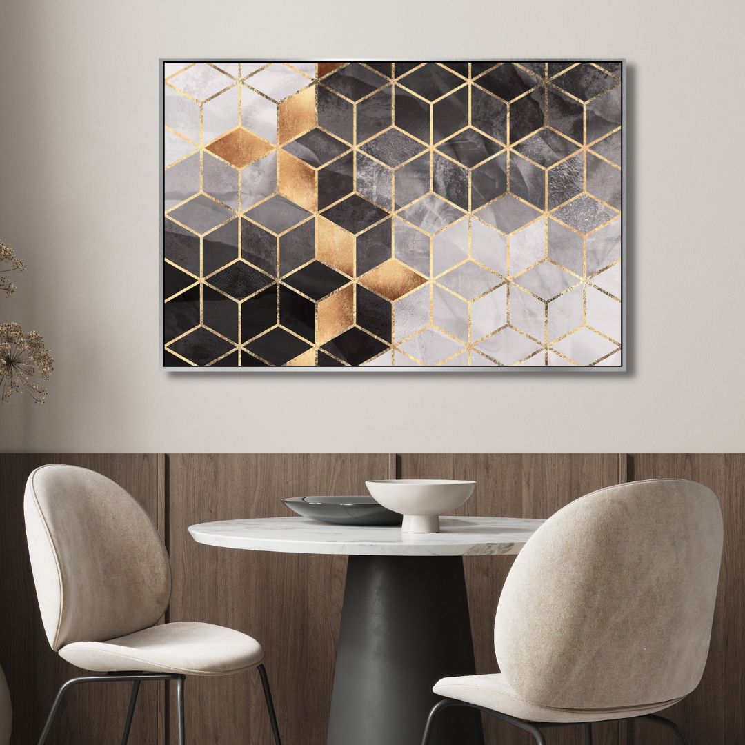 Geometric Gray & Gold Cubes Abstract Art - Designity Art