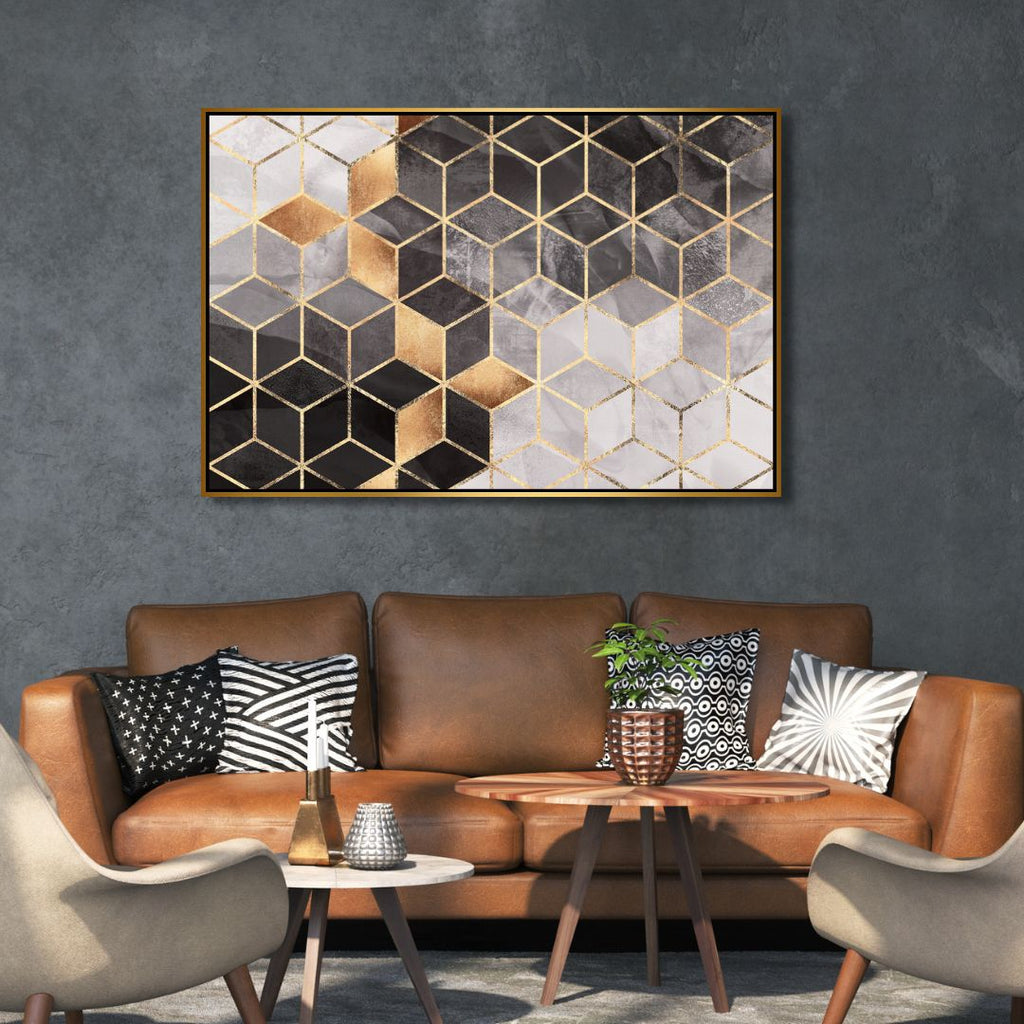Geometric Gray & Gold Cubes Abstract Art - Designity Art