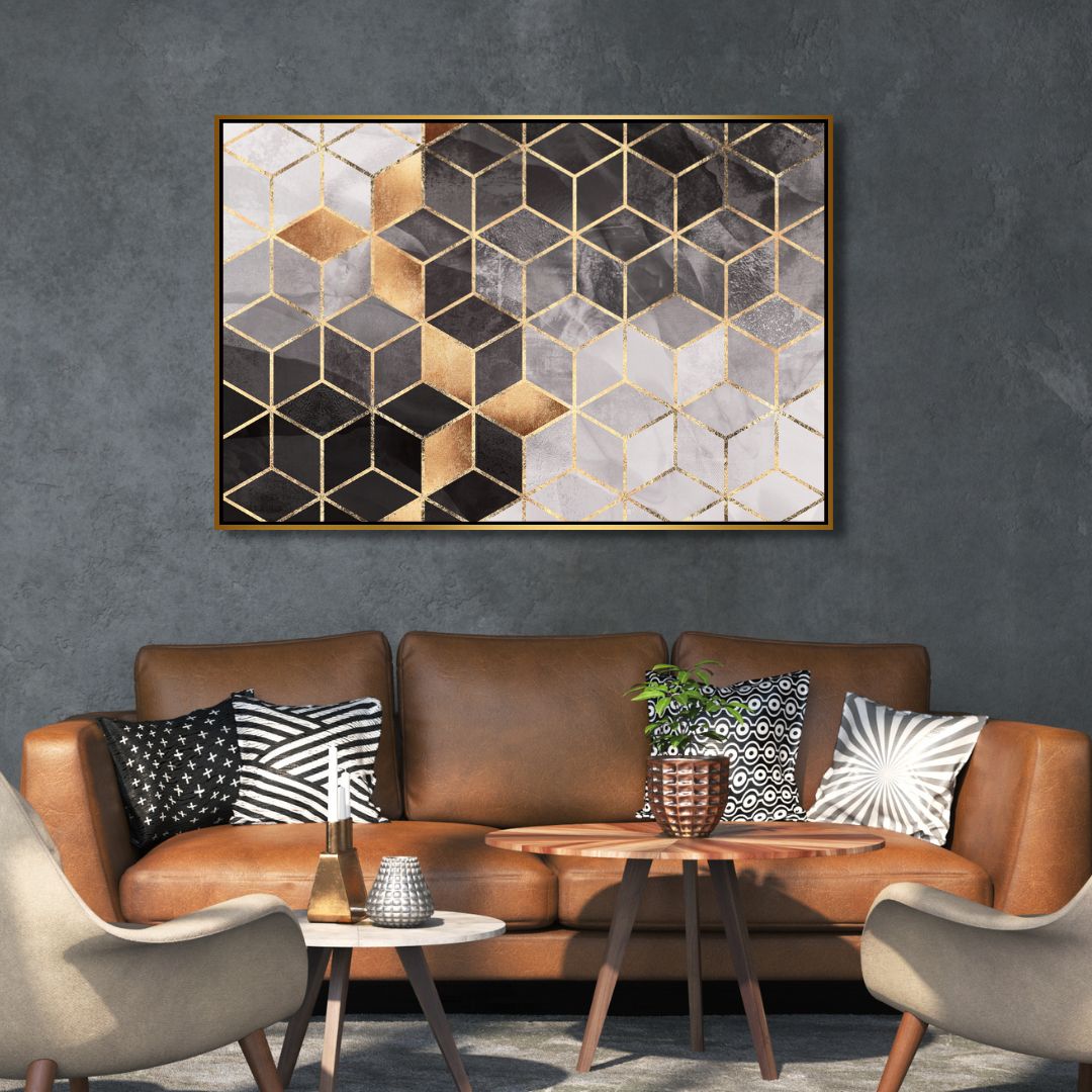 Geometric Gray & Gold Cubes Abstract Art - Designity Art
