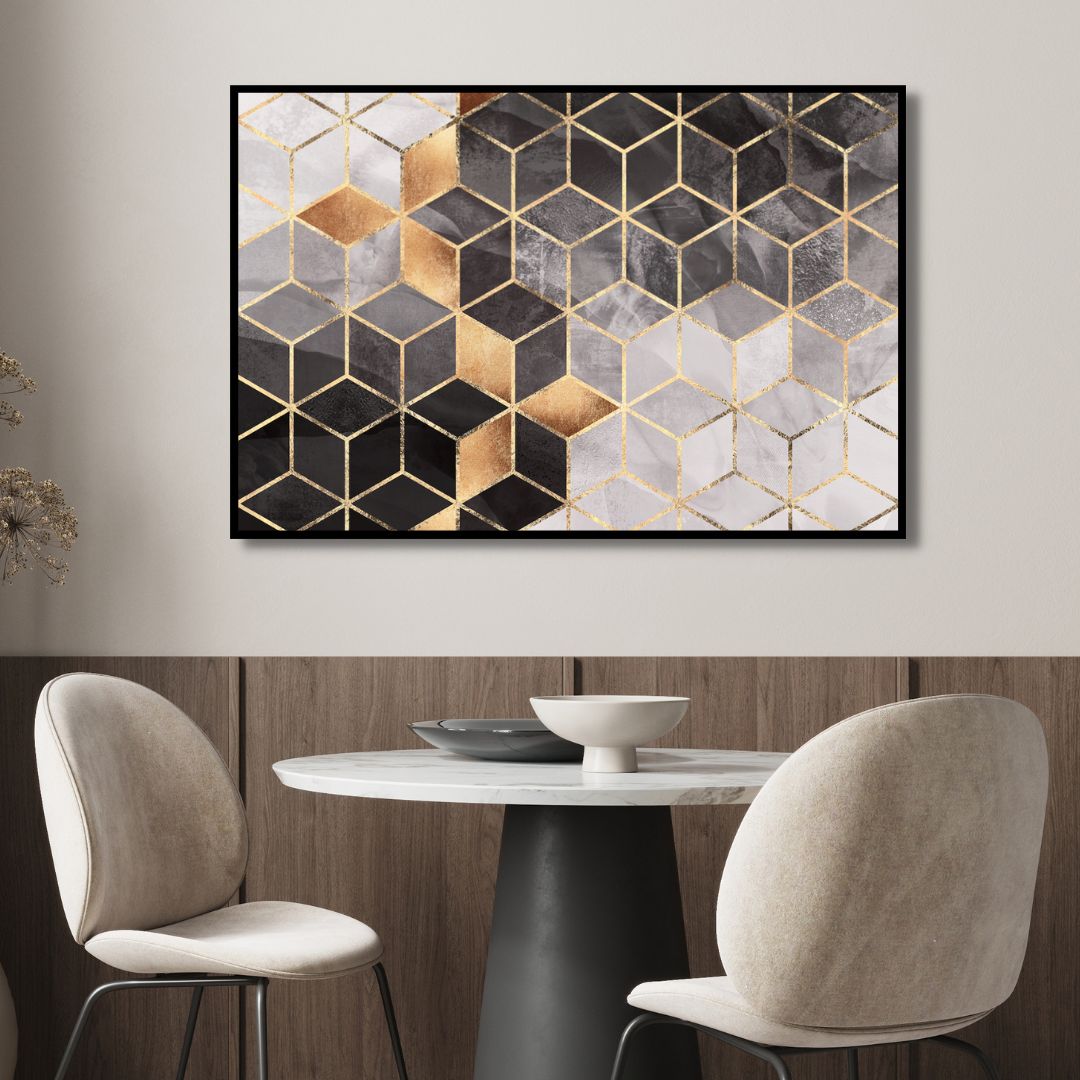 Geometric Gray & Gold Cubes Abstract Art - Designity Art