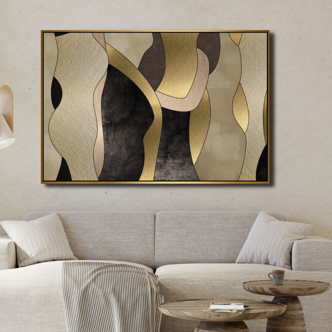 Gold, Black and Beige Shapes Abstract Art - Designity Art