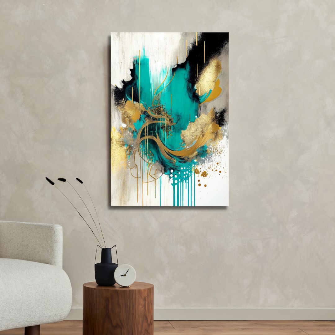 Turquoise, Gold and Gray Abstract Art - Designity Art