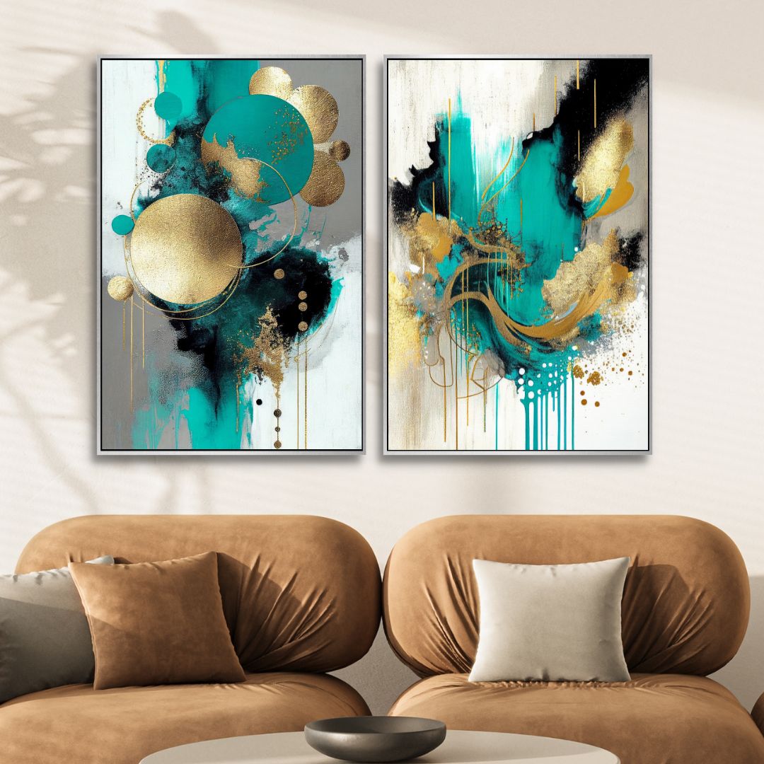 Turquoise, Gold and Gray Abstract Art - Designity Art