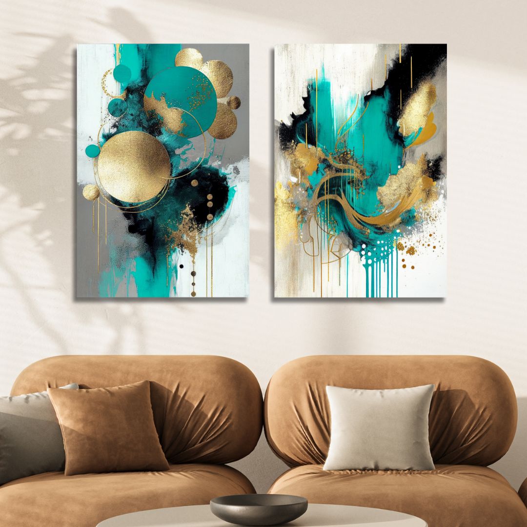 Turquoise, Gold and Gray Abstract Art - Designity Art