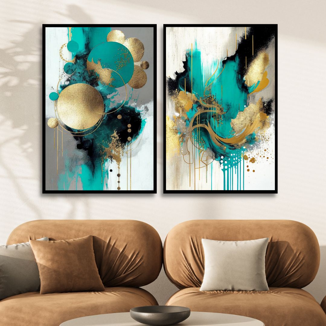 Turquoise, Gold and Gray Abstract Art - Designity Art