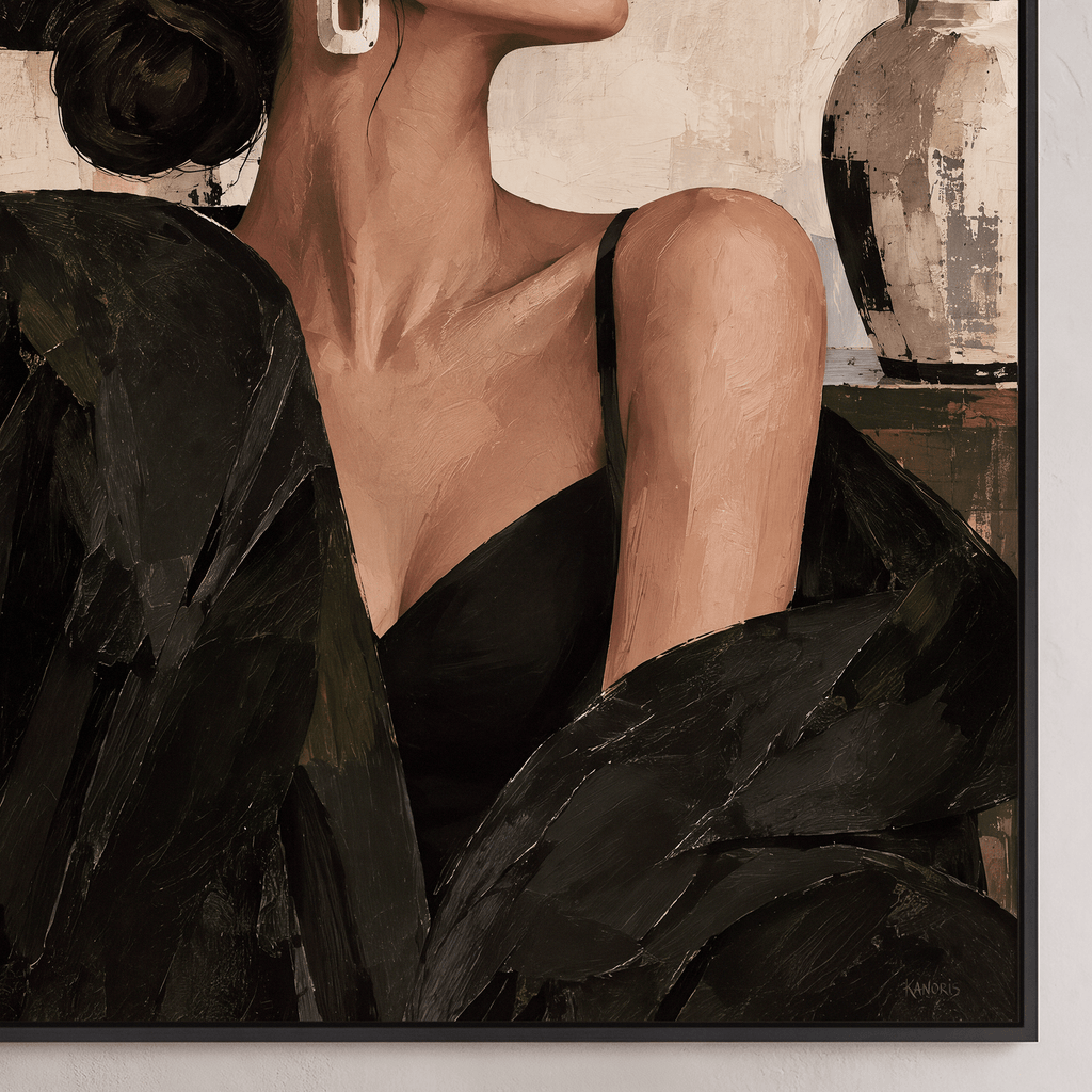 Woman in Black Hat Framed Canvas Wall Art, Elegant Fashion Portrait - Canvas Wall Art - Art-Port Art