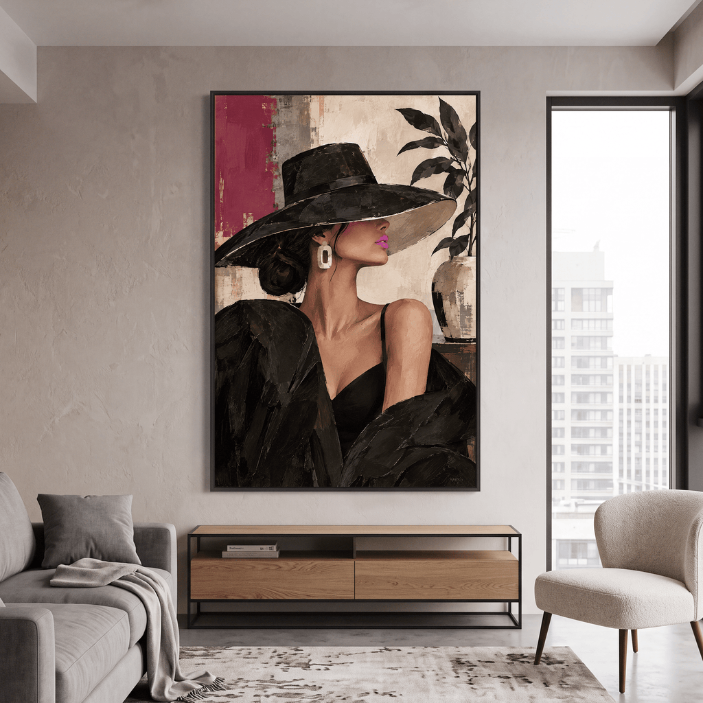 Woman in Black Hat Framed Canvas Wall Art, Elegant Fashion Portrait - Canvas Wall Art - Art-Port